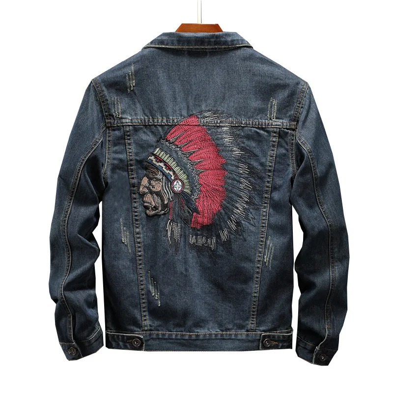 Spring Autumn 2020 teenagers Head Heavy Industry Embroidered Denim Jacket Men's Korean Slim Primitive tribe Locomotive coat | Мужская