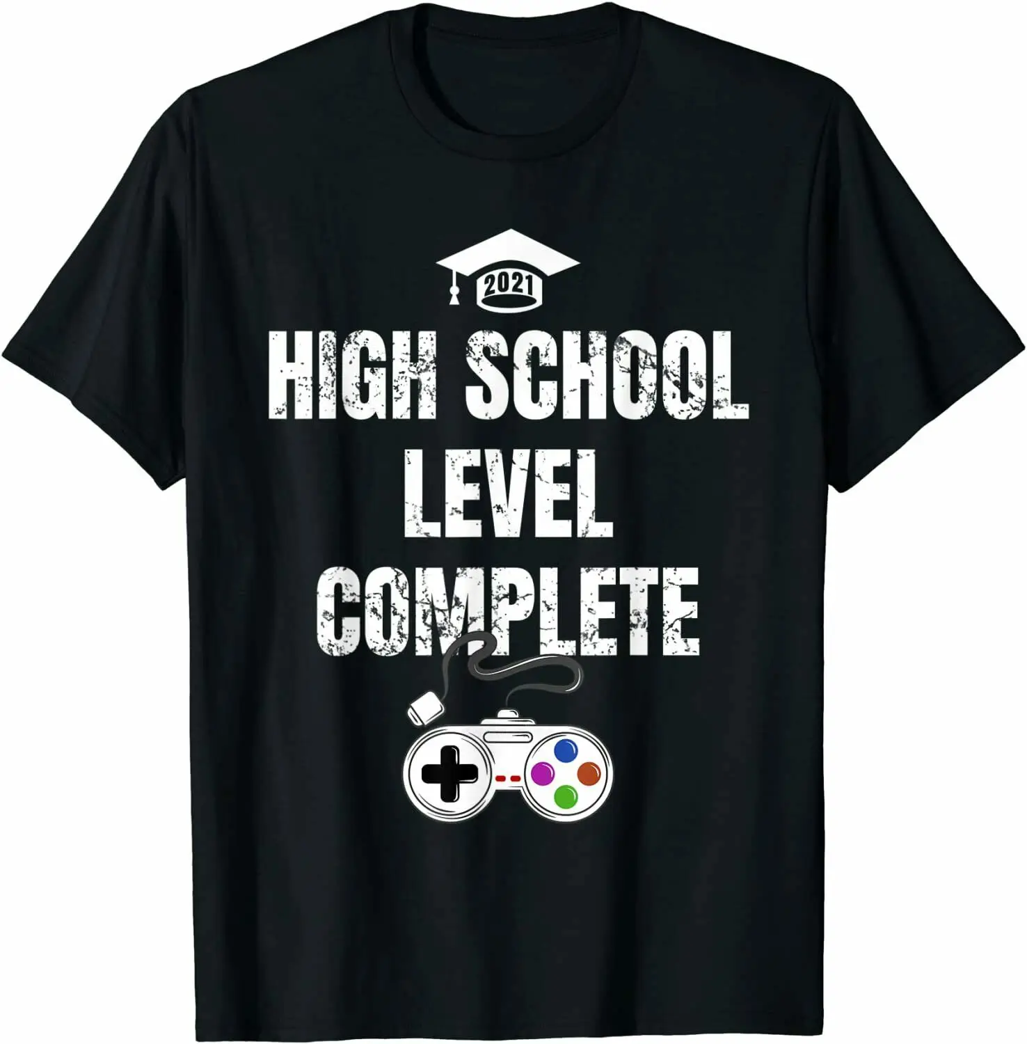 

2021 Grad High School Level Complete Senior Gamer Graduation T-Shirt Black Funny Versatile O - Collar Four - Season Printing