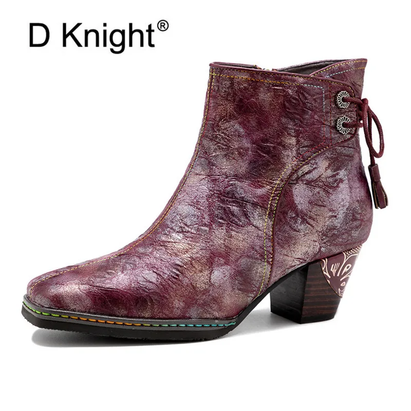 Chinese Style Ankle Boots For Woman Retro Painting Handmade Genuine Leather Belt Big Brand Shoes Thick High Heels Women Boots images - 6