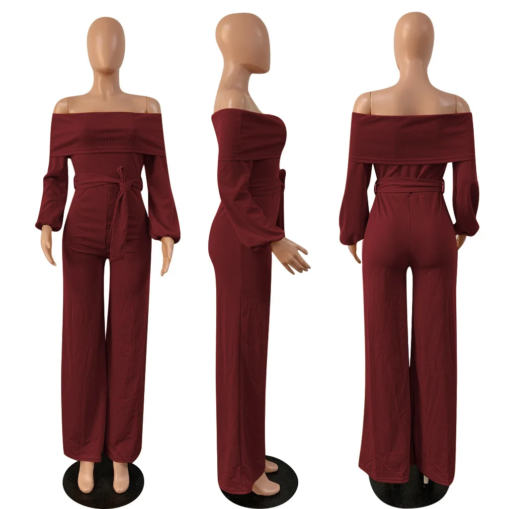 

Autumn Winter Backless Long Sleeve Bodysuit Women Slash Neck Solid Causal Wide Leg Jumpsuit Sexy Loose Belt Plus Size Rompers