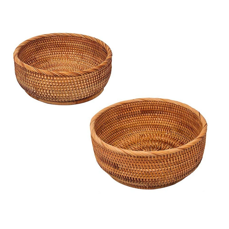 

Handmade Rattan Round Bread Basket Wicker Tabletop Fruit Serving Tray Weaving Food Storage Bowls(2-Size Kit, L&M)
