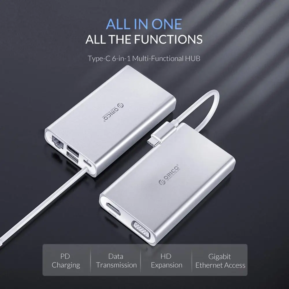 Док станция для ноутбука ORICO 6 в 1 type C из алюминиевого сплава 4K видео HD RJ45 сетевой