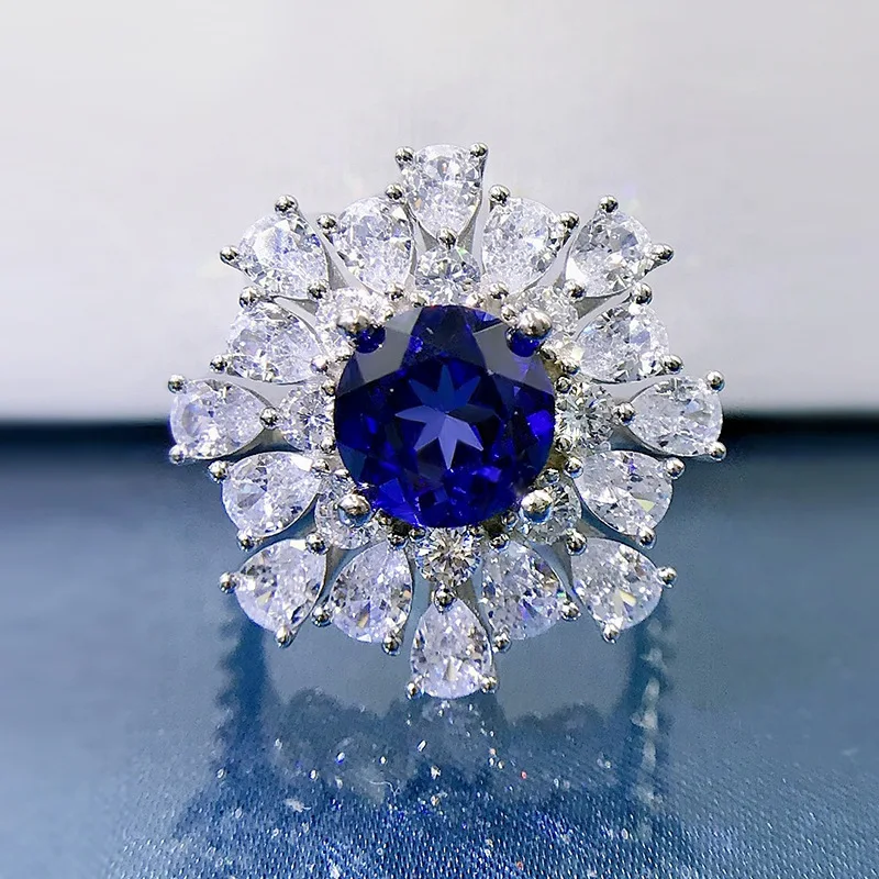 

Flower 8mm Sapphire Diamond Ring 100% Real 925 sterling silver Party Wedding band Rings for Women Promise Engagement Jewelry