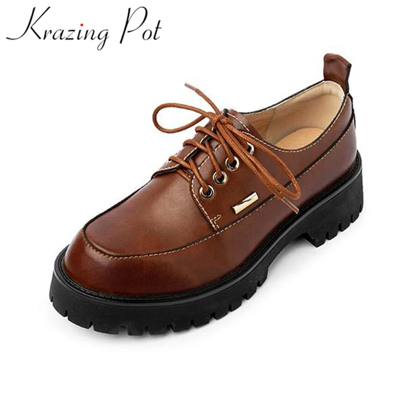 

Krazing Pot genuine leather round toe lace up med heels metal fasteners British school autumn casual flat platform beauty pumps