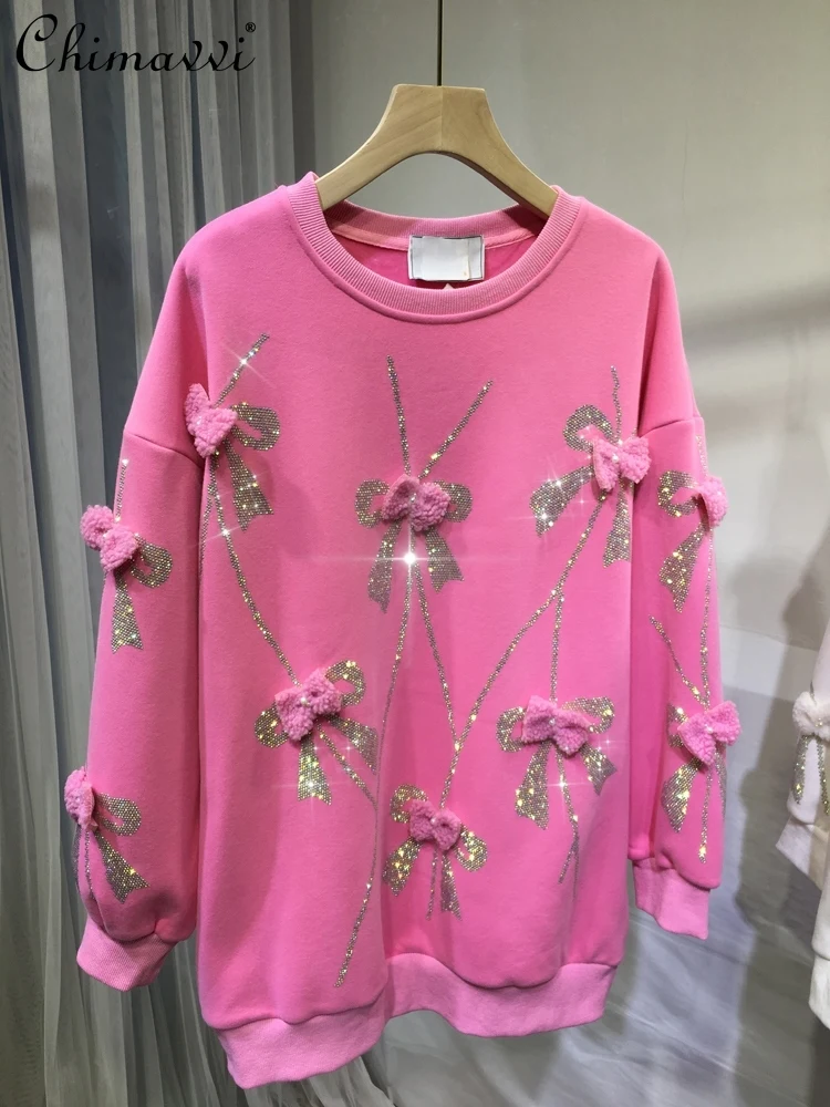 

Флисовая толстовка женская с вышивкой, блестящая толстовка средней длины с бантом и круглым вырезом, новинка 2021, зимняя одежда