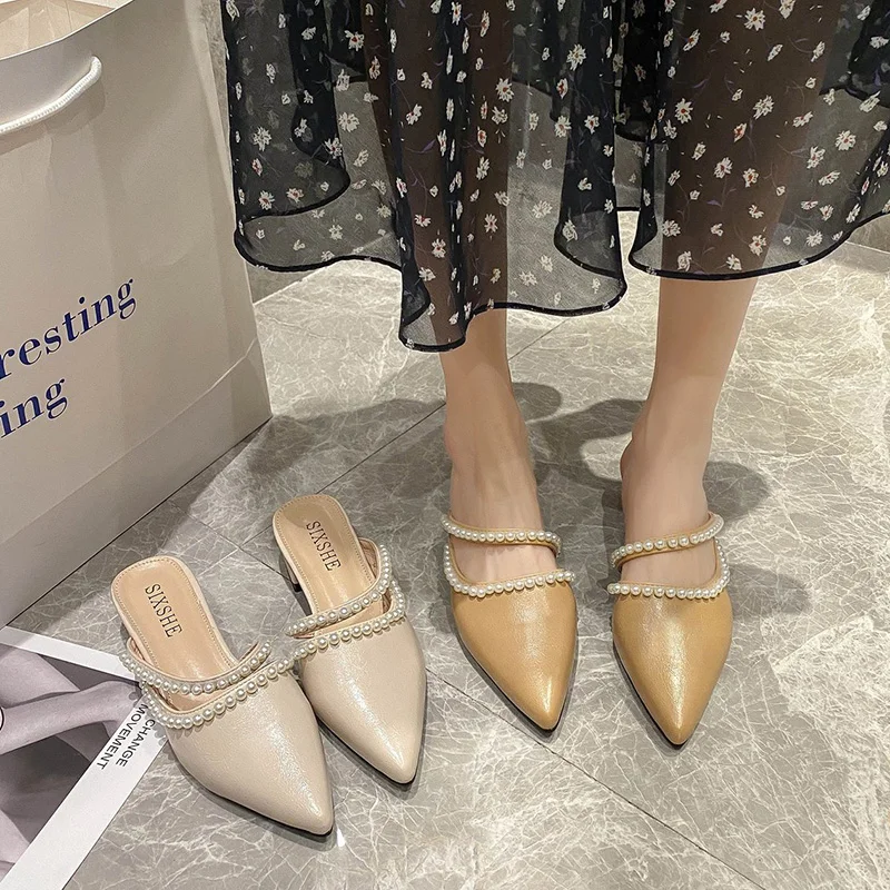 

Shoes Low Ladies' Slippers Loafers String Bead Slipers Women Female Mule Luxury Slides Pointed Toe Square heel 2021 Mules Design