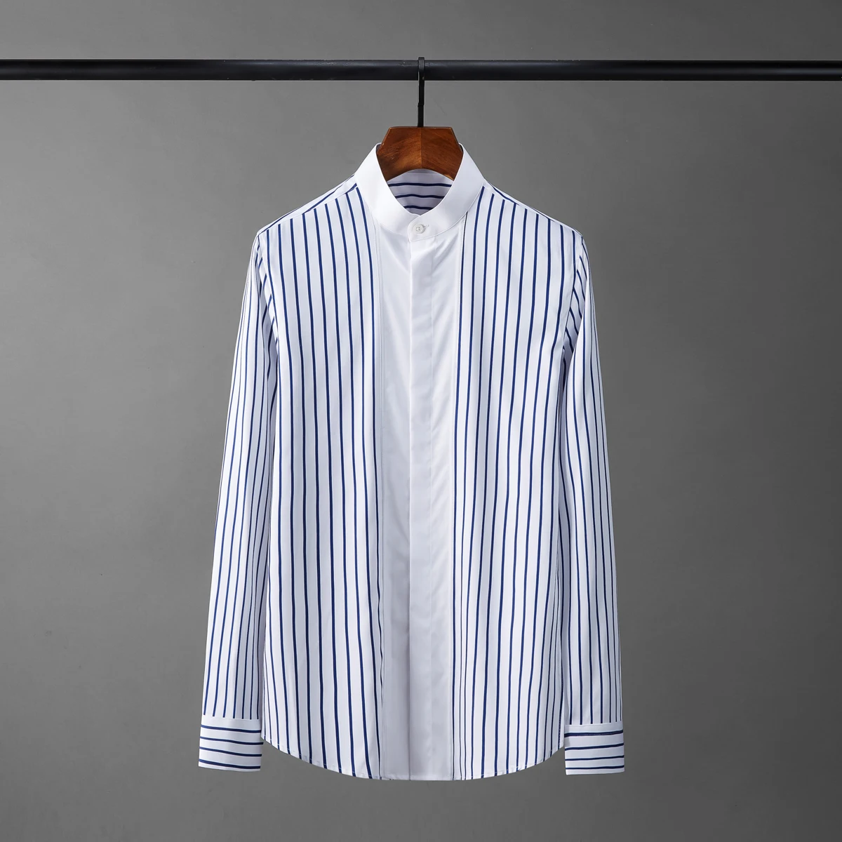 

Мужские рубашки 2020 Tencel, роскошные мужские строгие рубашки с воротником-стойкой и длинными рукавами в полоску, Модные приталенные повседнев...