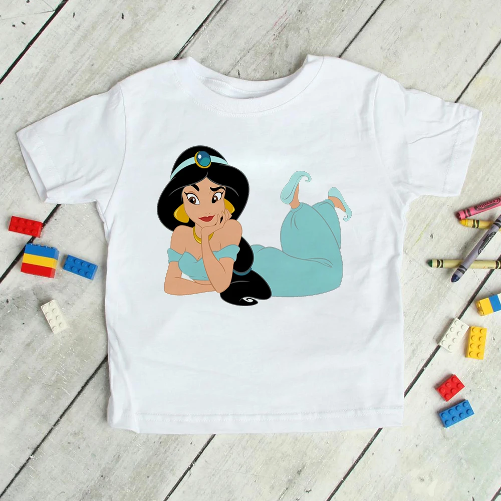 2021 Disney Aladdin Jasmine Princess Print Girl T-shirt Harajuku Summer Fashion Cartoon Short Sleeve Kids Clothes Dropship t-shirt kid dress	
