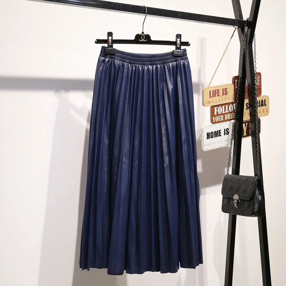 Юбка-макси Женская Плиссированная однотонная миди-юбка из экокожи простая