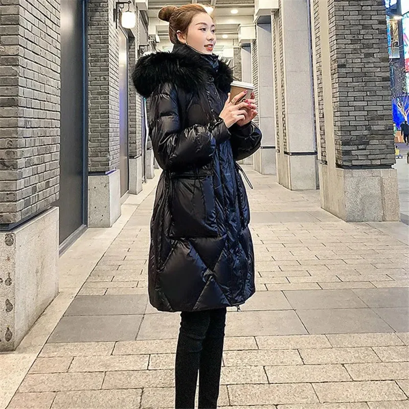 Winter Women's Parker Cotton Clothing New Shiny Solid Color Hooded Fur Collar Loose Zipper Drawstring Long Sleeve Coat Jacket