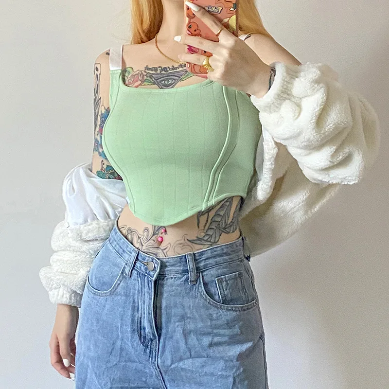

Square Collar Crop Top Female Summer Camisole Clothing Nice Women Sexy Tanks Cotton Green Slim Sleeveless High Waist Vest Casual