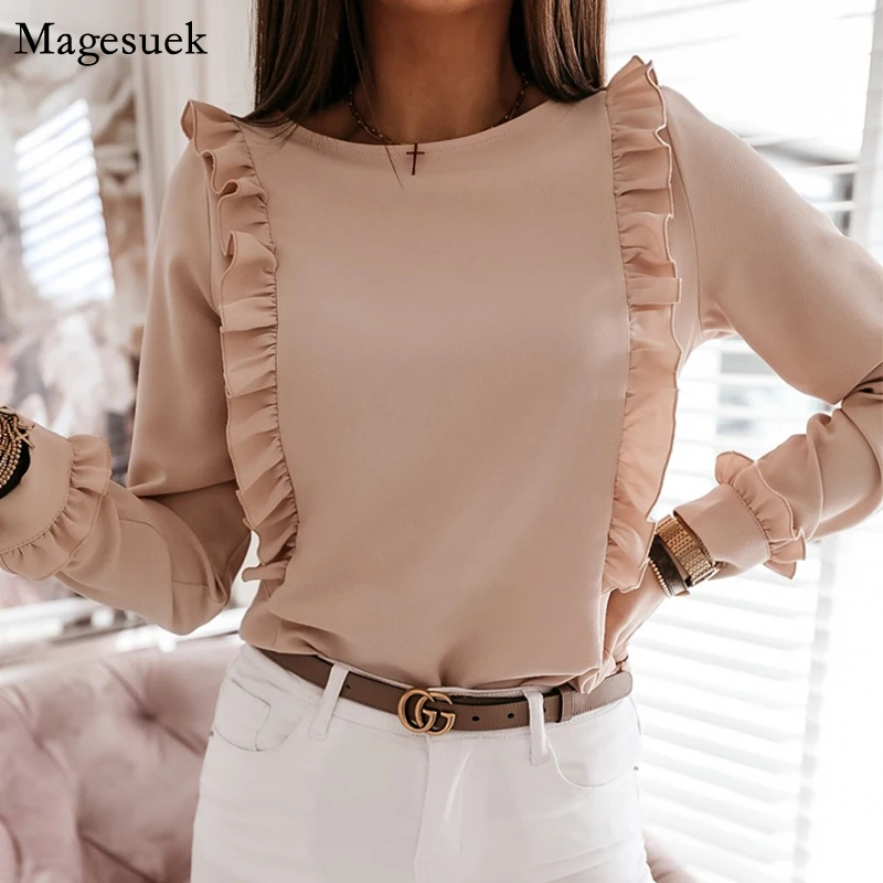 

2021 Autumn Fashion Cotton Women Blouses O-neck Long Sleeve Vintage Womens Blouses Casual Solid Ruffles White Shirt Women 10620