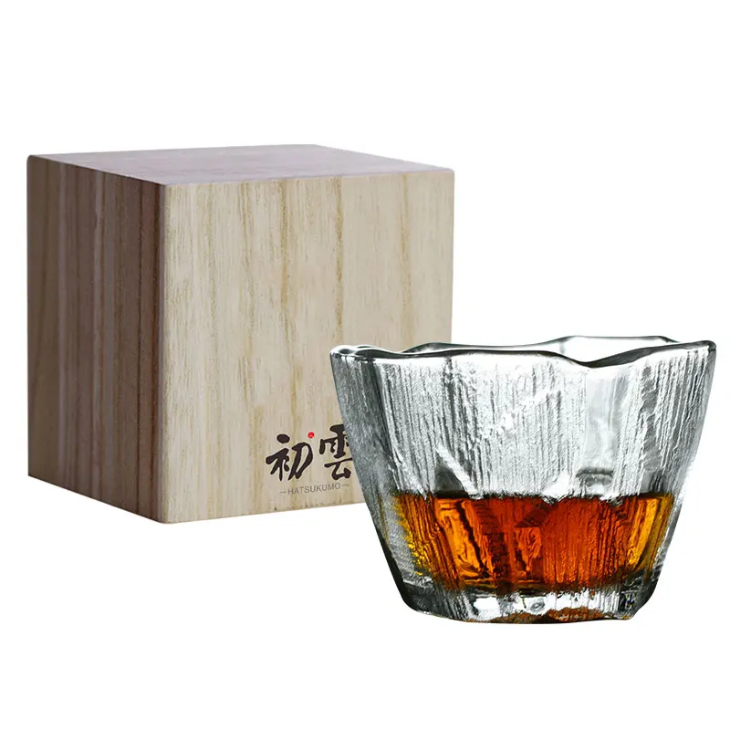 

2021 New Ice heart Cup Japanese Hammered Crystal Glass Whiskey glass Beer Tumbler Mug Wooden Box Gift For Men Woman ins style