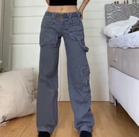 dourbesty 90s vintage low waist cargo jeans zipper pockets grey baggy sweatpants women trousers y2k korean streetwear harajuku