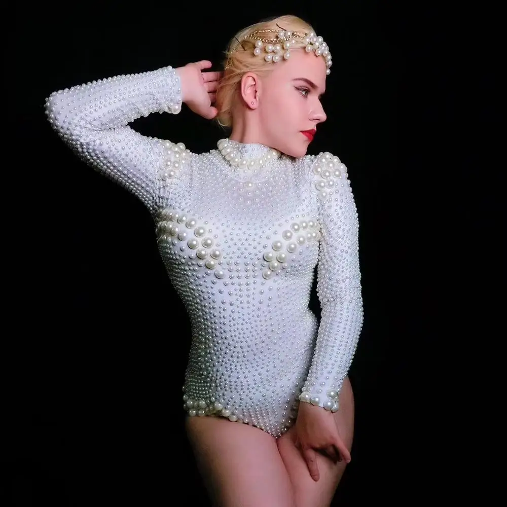 Women Sexy Jazz Singer Stage Costumes Vintage White Full Pearls Elastic Bodysuits Nightclub DJ DS Dancer Leotard