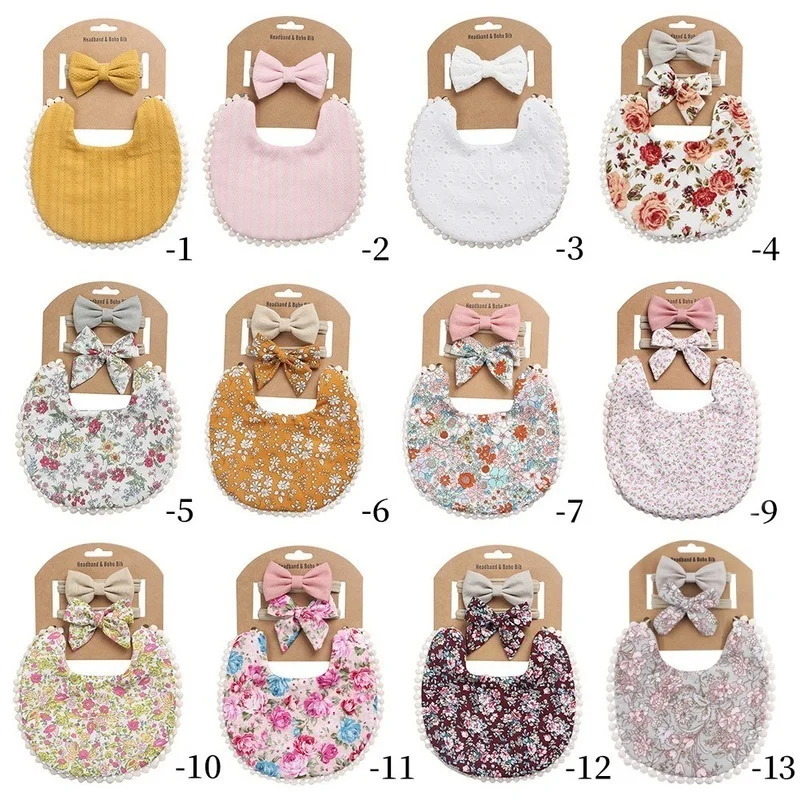 

Baby linen water towel Headband Set linen cotton solid color printing baby double Bib baby water towel antifouling water bibs