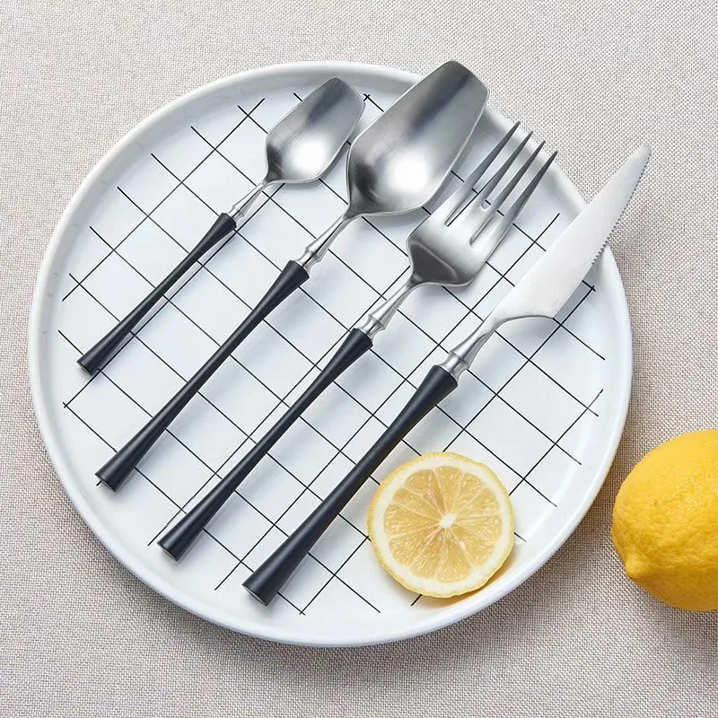 

Kitchen Tableware Black Gold Forks Knives Spoons Stainless Steel Cutlery Complete Home Dinnerware Set Western Silverware