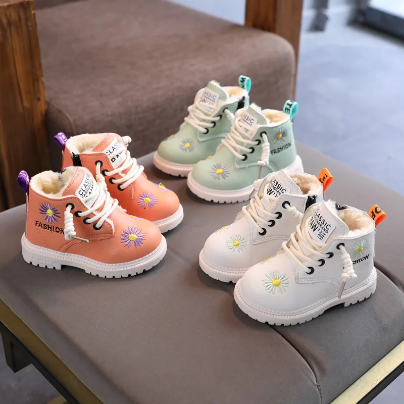 

2021 Kids Snow Boots Fashion Children Girls Sunflower Girls Cotton-padded Shoes Cute Princess Side Zip Low Heels Non-slip Boots