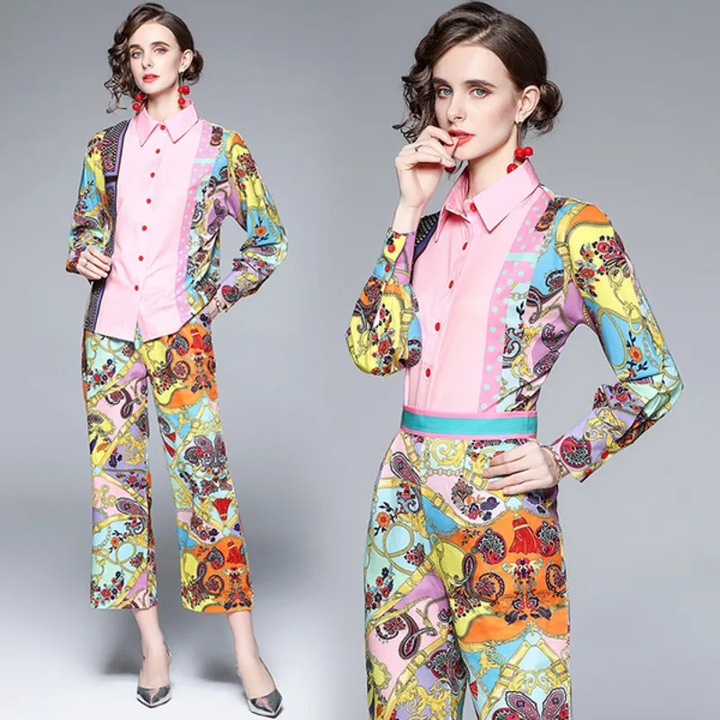 

2021 Autumn Two Pieces Set fashion Women's Print Long Sleeve Blouses +Pocket long Pants Suit