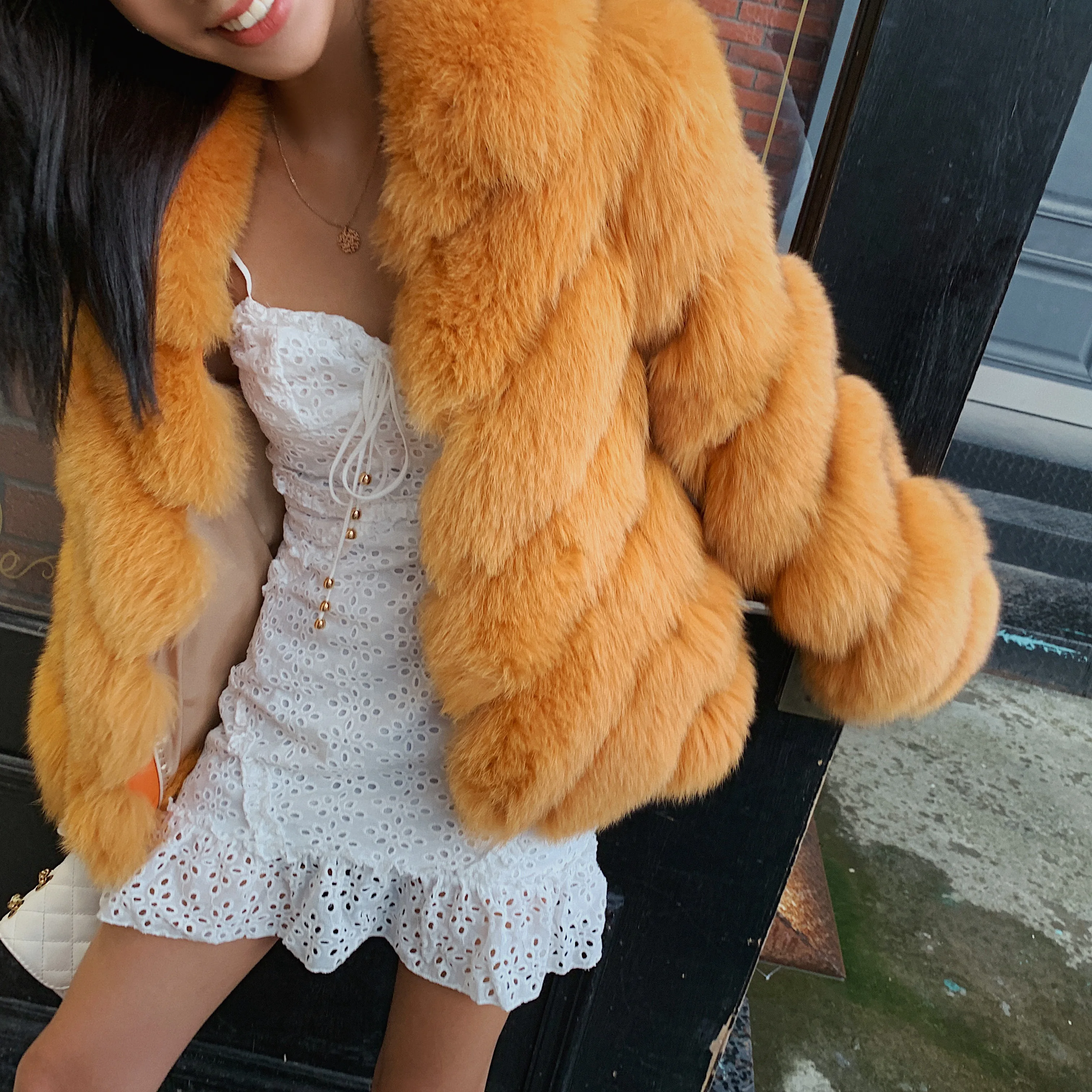 2022 New Orange Real Fox Fur Jacket Lapel Collar Winter Fashion Slim Women Casual Genuine Leather Fox Fur Jacket Outwear Luxury enlarge