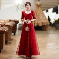Bride Elegant Long Wedding Dresses Women Wine Red Embroidery Bridesmaid Evening Dress Bow A-LINE Formal Party Dress Sequins
