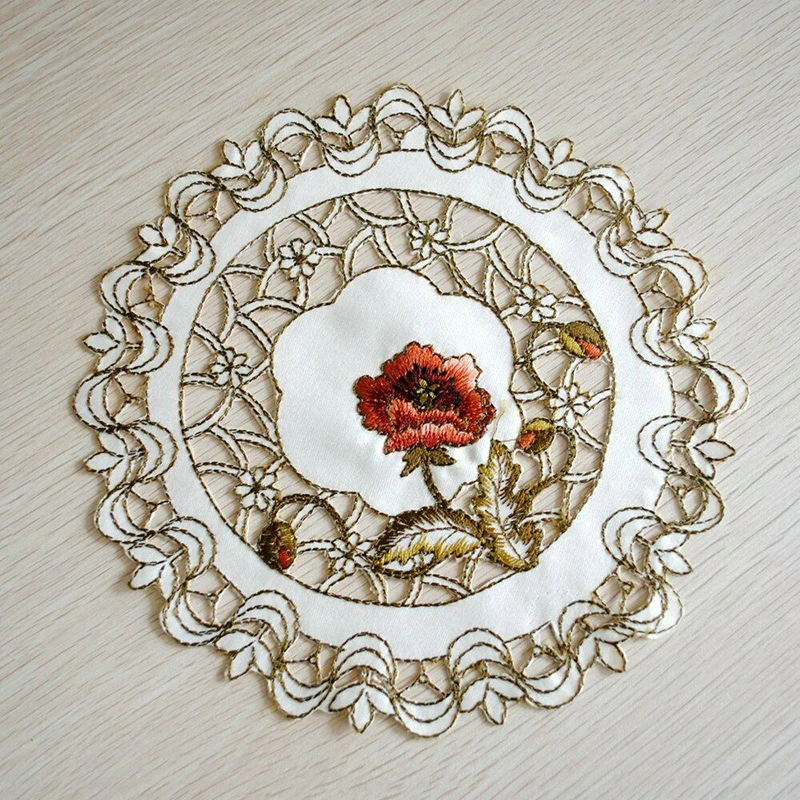 

4 Pcs / Set Placemats Embroidered Hollow Out Meal Pad Polyester Round Pad Can Be Reused Suitable For Cups And Beverage Bowls