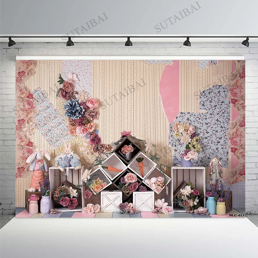 

Фон для студийной фотосъемки с изображением весенних игрушек кролика моркови цветов украшения детский душ