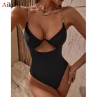 Сексуальный цельный купальник, Женский цельный купальник на бретельках с V-образным вырезом и высоким вырезом, монокини, купальный костюм, купальник 2021, новая однотонная пляжная одежда