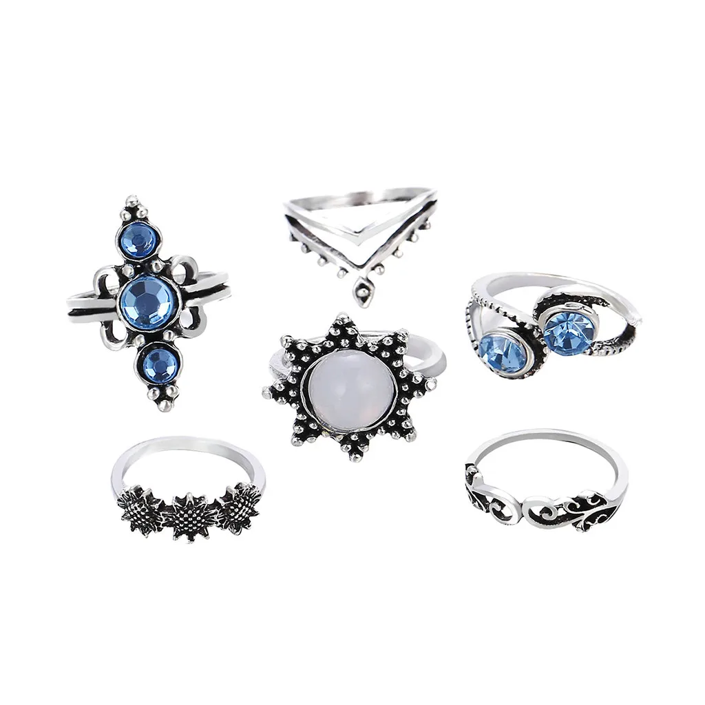 6 шт./компл. женское богемное винтажное серебряное кольцо набор синих колец выше