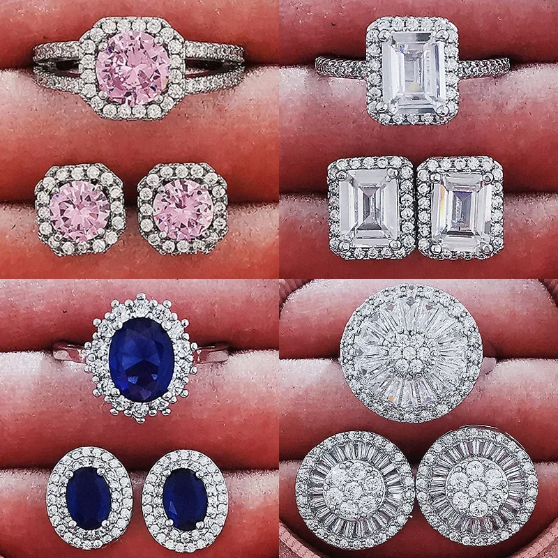 

2pcs Pack 925 Sterling Silver Pink Blue Jewelry Set For Women Ring Earring Wedding Dubai Bridal Bijoux Femme Argent J4743