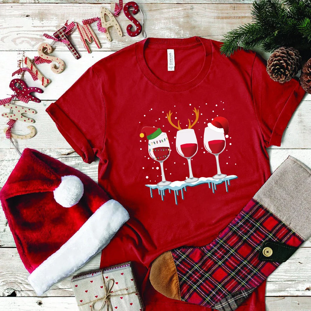 

Уличная одежда, Женская рождественская рубашка с коротким рукавом, Женская Повседневная Рождественская Футболка с принтом винного бокала, Свободный Топ с круглым вырезом
