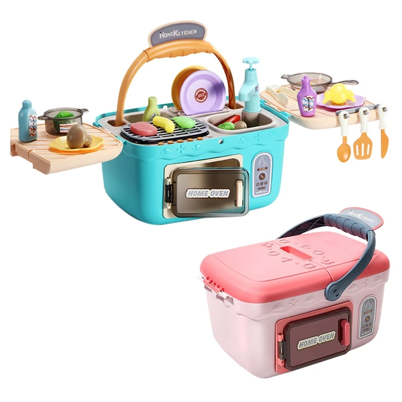 

Kids Picnic Basket Toys Portable Picnic Kitchen Toy 4 in 1 Play Oven Grill Cooking Toy Color Changing Foods Playset