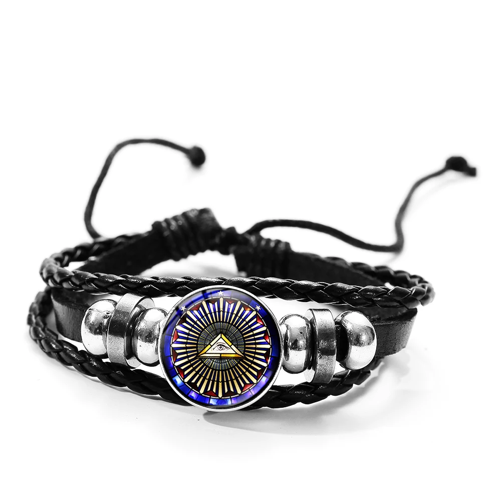 

Masonic Illuminati Pyramid Eye Bracelet All Seeing Eye Statement Punk Woven Leather Bracelet Wristband Gift for Freemason