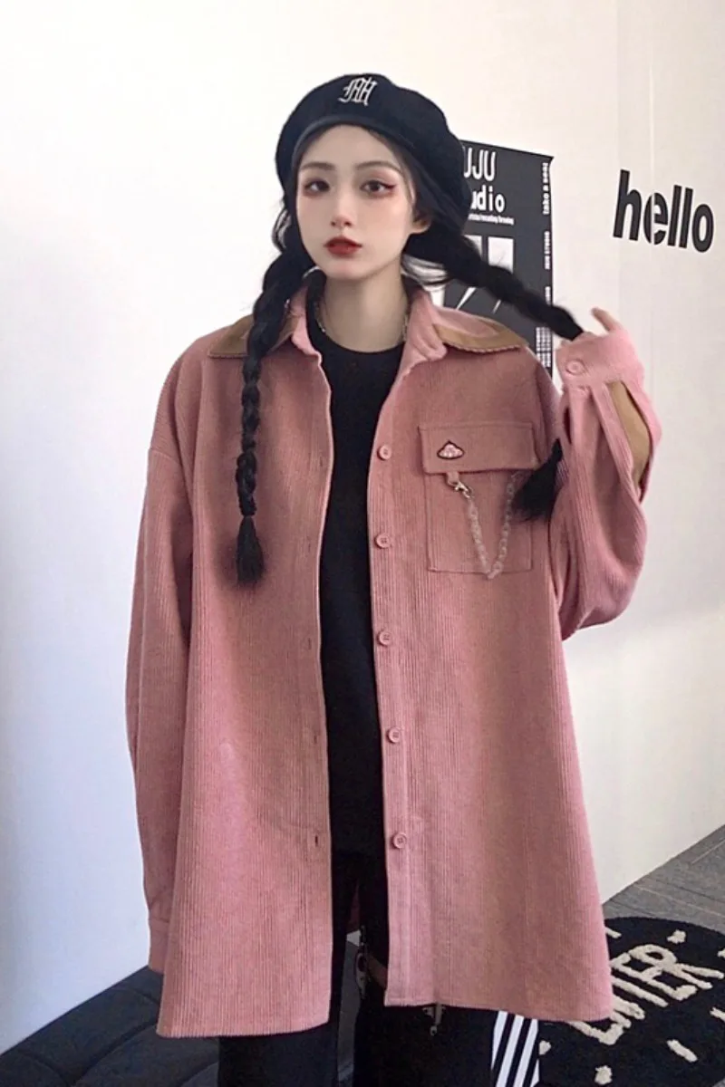 

HARAJPOO Women Blouse 2021 Spring Autumn New Korean Wind Retro Corduroy Pink Loose Thin Long Sleeve Faleme Shirts Ins Tide