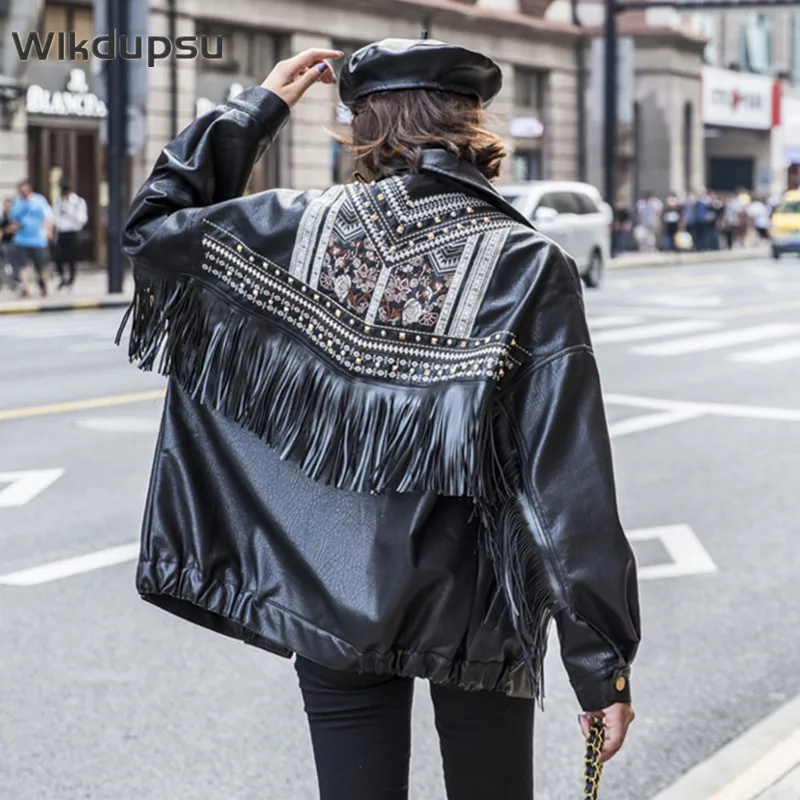 PU Faux Leather Jacket Women Tassel Embroidered Boho Casual Fashion Vintage Motorcycle Ladies Outwear Female Coats Clothes Tops