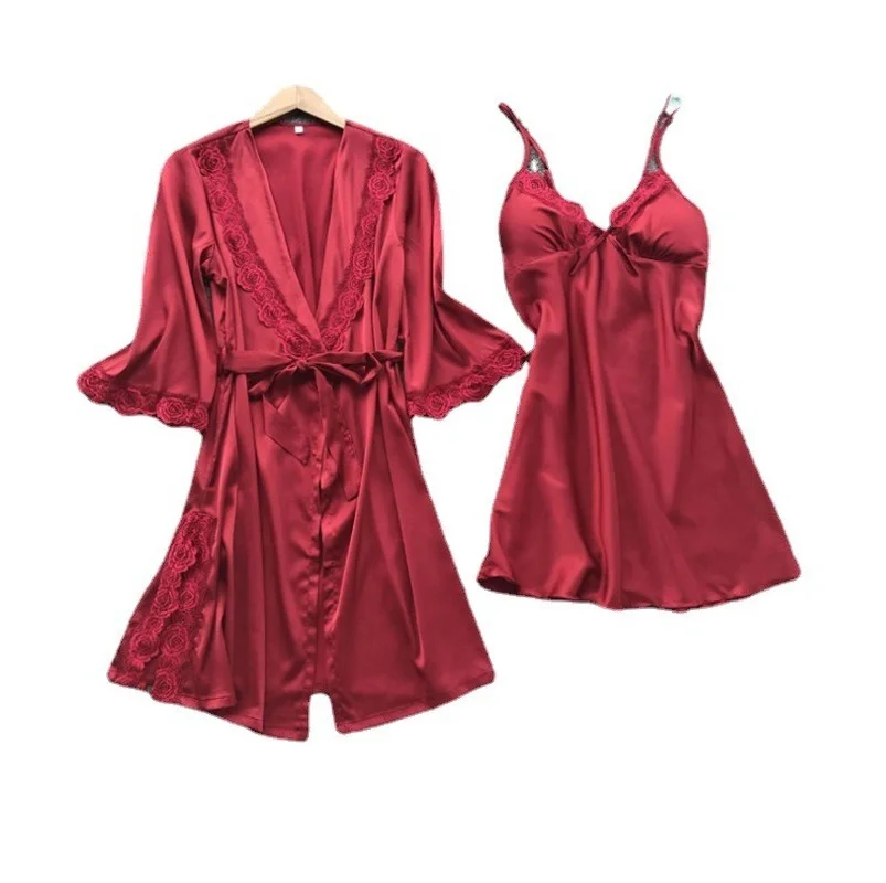 Pajama Set Women Lace Trim Satin Sleepwear Pyjamas Pour Femme Summer Nightwear With skirt Casual Home Wear Kimono Robe Gown PJS