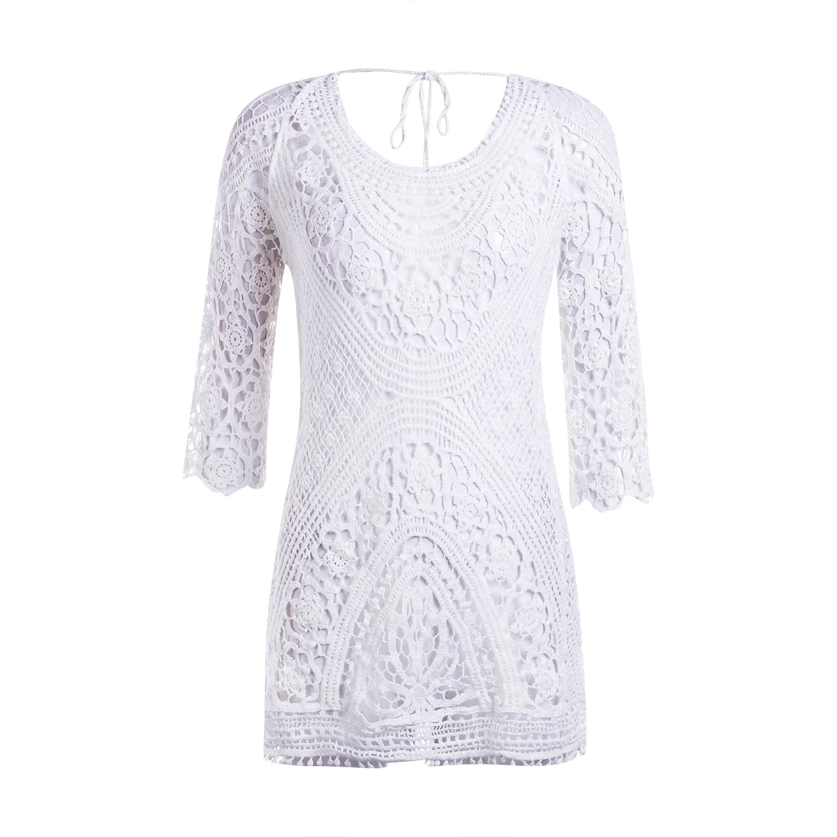

Women Lace Beach Dress Solid Color Casual Bikini Smock Cover-Up Hollow Out Summer Bathing Suit Swimwear A-line Mini Dress Summer