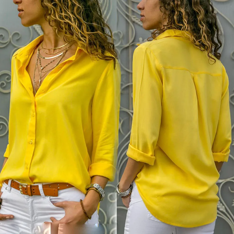 Женская шифоновая блузка белая однотонная рубашка с длинным рукавом на