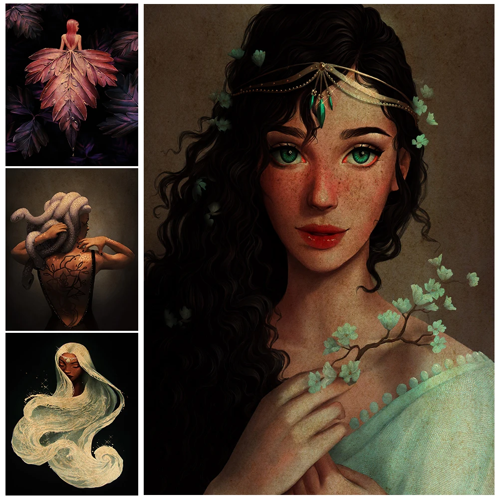 

Medusa And Elemental Elves Wall Art Canvas Painting Forest Princess, Wave Elf Art Vintage Poster And Prints Home Decoration