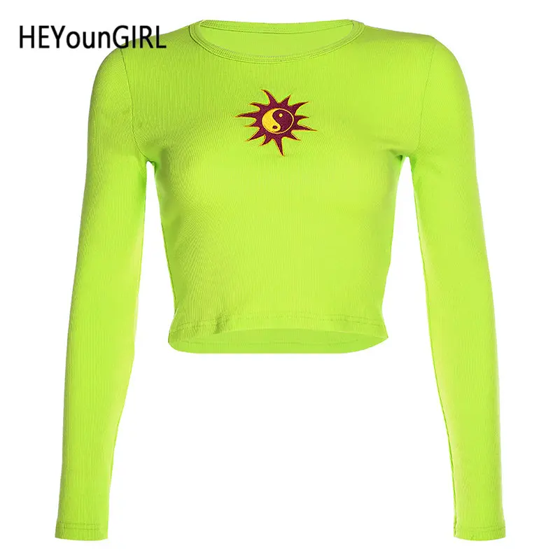 Зеленый HEYounGIRL Базовая футболка с длинными рукавами Женская Повседневная футболка с вышивкой Harajuku Хлопковая женская неоновая зеленая футболка Женская Осенняя - Цвет: Зеленый