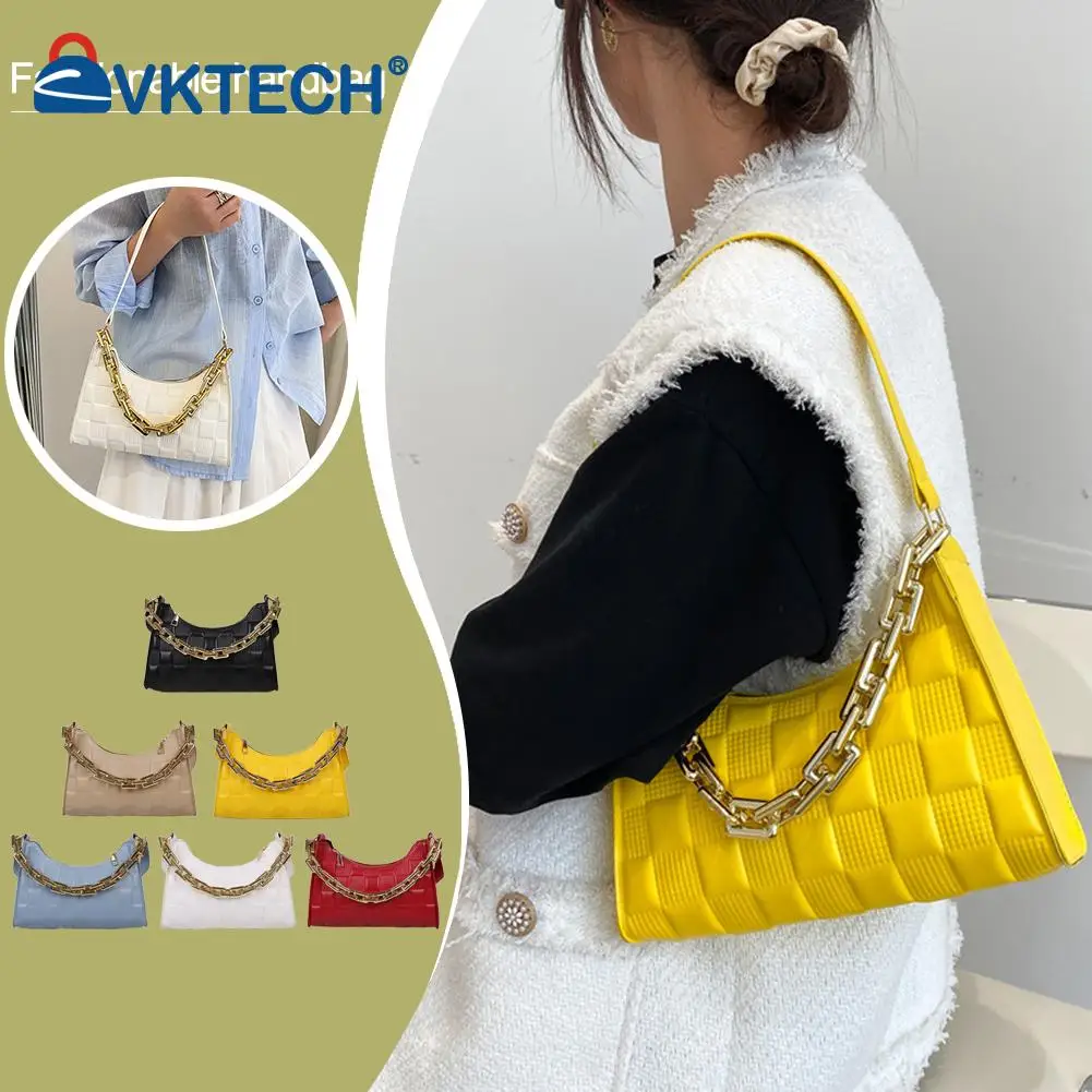 

Checker Pattern Baguette Bags Small PU Leather Chain Shoulder Bags for Women Handbag Female Travel Chain Purse