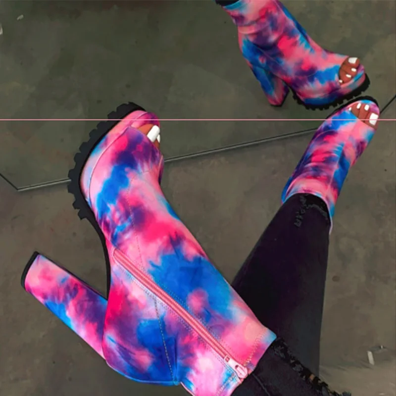 

New Women Peep Toe Ankle Boots Women's Waterproof Platfrom Boots Ladies Sexy Colorful Print Shoes Female Zip Super High Heels