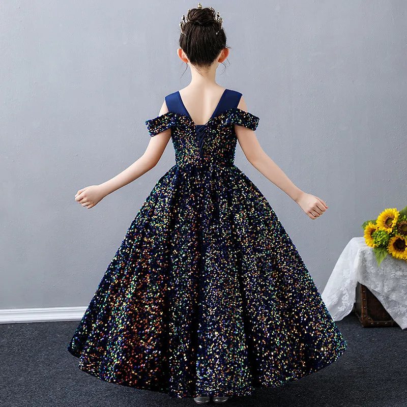 

2020New Children Girls Noble Elegant Sequined Birthday Evening Party Long Dress Teens Model Show Piano Vinlion Costume Dress