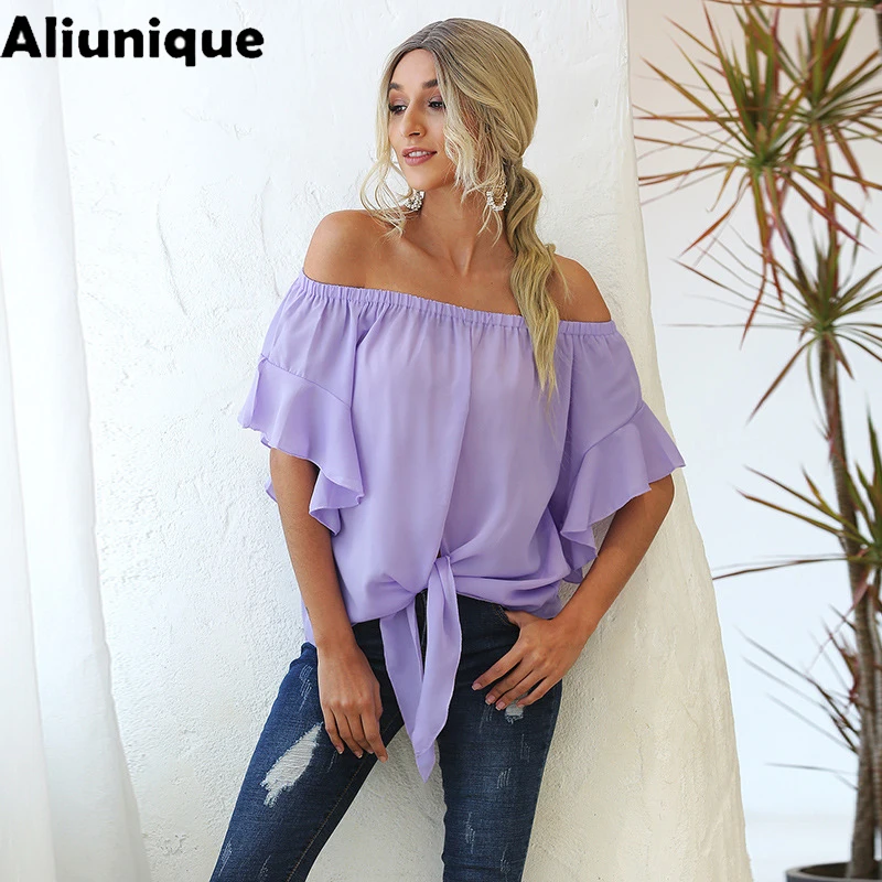 

Aliunique New Slash Neck Loose Chiffon Shirt For Women 2021 Summer Leisure Vacation Travel Temperament Blouse Lotus Sleeve Shirt