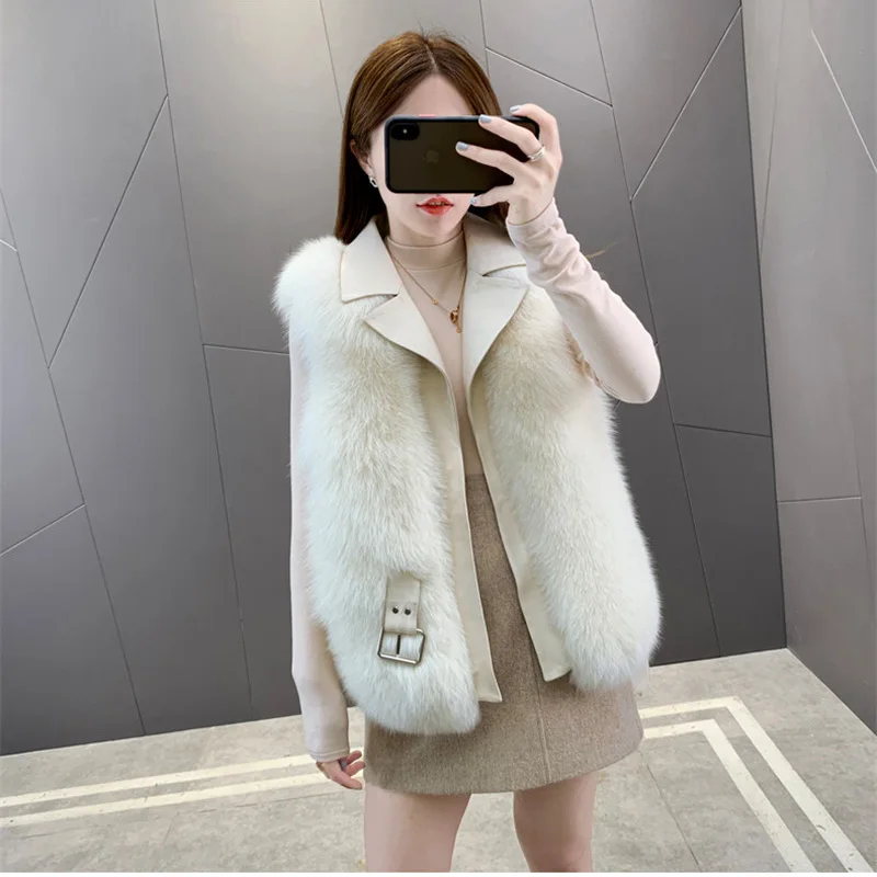 FURSARCAR Genuine Motorcycle Leather Fur Vest Real Natrual Fox Fur Women Winter Waistcoat Sheep Skin Whole Skin Fox Fur Gilet