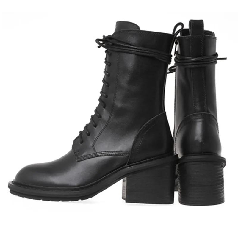 Harga ASUMER 2021 Sepatu Bot Kulit Asli Baru Sepatu Bot Pergelangan Kaki Berenda Ujung Bulat Sepatu Bot Sepeda Motor Musim Gugur Musim Dingin Wanita Hak Tinggi Persegi