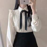 qweek white kawaii women shirts lace collar blouses with bow long sleeve ladies tops 2021 vintage elegant button up clothes