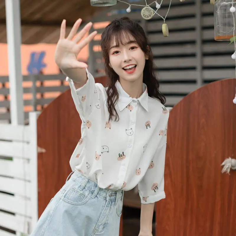 

Blouses Women Shirts Cartoon Printing Lovely Designed Ins Loose Students Chiffon Summer Soft Breathable All-match Streetwear Fit