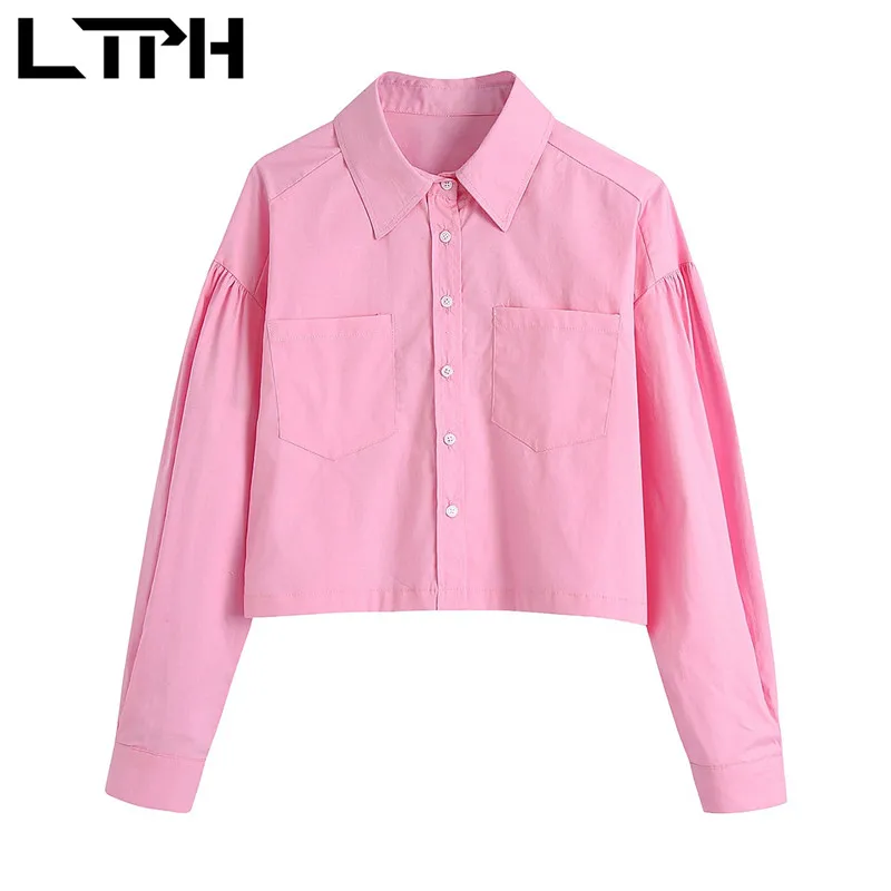 

LTPH simple vintage tooling style women shirts blouses loose lapel long sleeve tops Casual short pink shirt 2021 Summer New