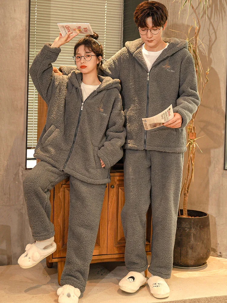 Autumn and Winter Couple Pajamas Women's Coral Fleece Thickened Long-Sleeved Hooded Zipper Men's Flannel Exercise Homewear